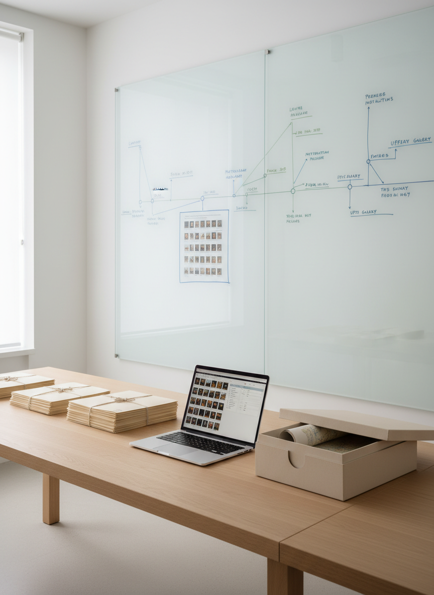 A bright, minimalist research workspace featuring a long pale oak table with a matte finish, supporting a sleek laptop displaying a digital collection database, surrounded by neatly stacked conservation-safe folders and an open archival box. On the wall behind, a large frosted glass board shows a carefully organized timeline of an artwork’s provenance, with color-coded lines connecting institutions and dates. Diffused daylight enters from an unseen window, creating a soft, professional glow with gentle, controlled shadows. Shot from a slightly elevated angle, using the rule of thirds to balance digital tools and physical records, the composition feels precise, methodical, and forward-looking, in clean, photographic realism that emphasizes organized research infrastructure for museums.